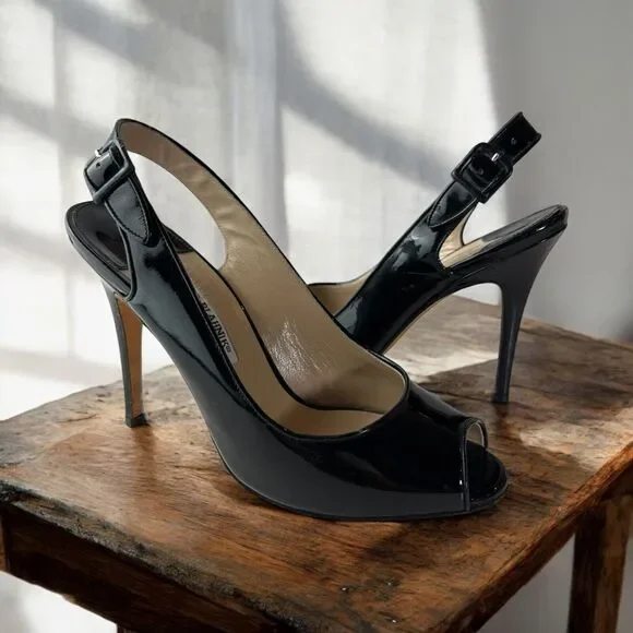 Manolo Blahnik Black Patent Leather Slingback Pump Peep Toe High Heels 38 US 8 - Picture 1 of 16